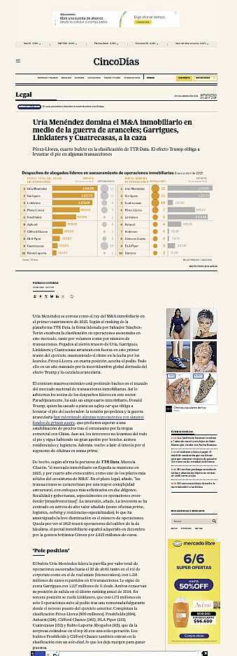 Ura Menndez domina el M&A inmobiliario en medio de la guerra de aranceles; Garrigues, Linklaters y Cuatrecasas, a la caza